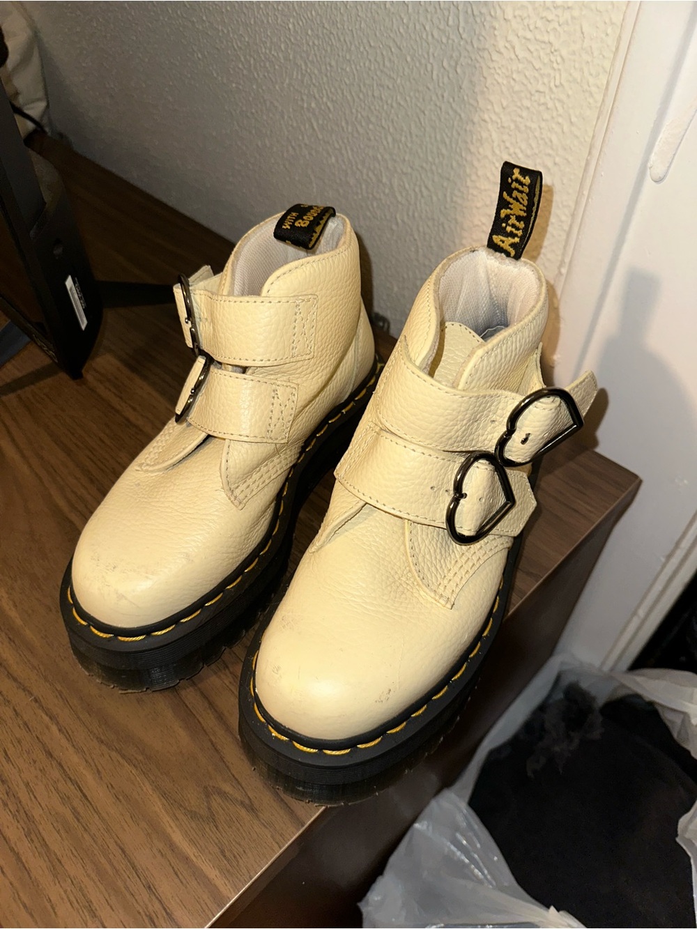 Dr. Martens Devon Cream/White Leather Heart Buckle Boots